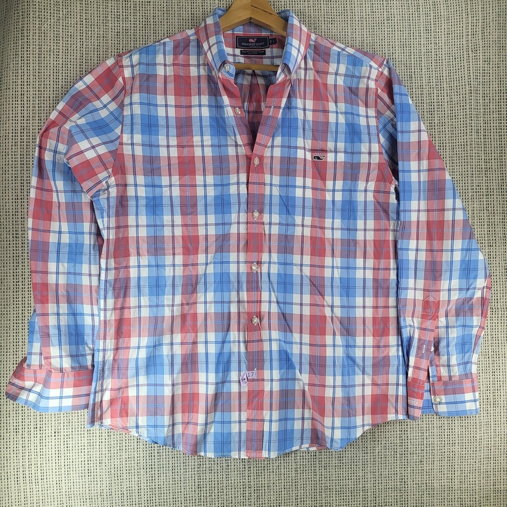 Vineyard Vines Shirt Mens Large Red Blue White Plaid Slim Fit Tucker Cotton